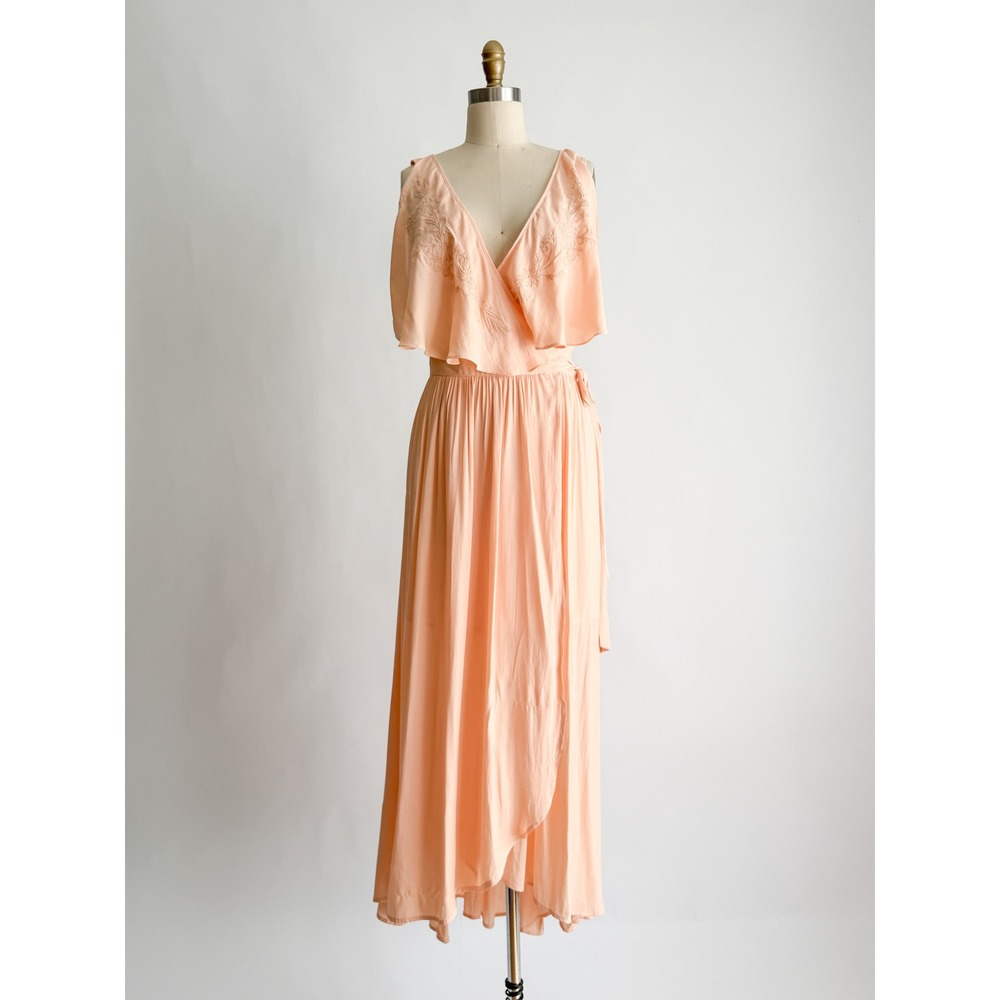Free People Wrap Maxi Dress Boho Floral Embroidered L Peach Ruffle Sleeveless